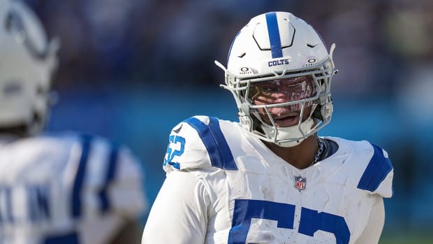 Indianapolis Colts defensive end Samson Ebukam (52) walks the sidelines Sunday, Dec. 3, 2023, during a game against the Tennessee Titans at Nissan Stadium in Nashville, Tenn.  